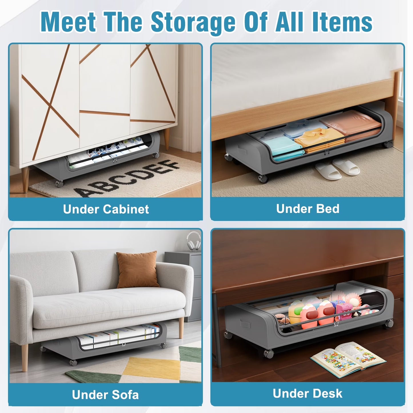 Under Bed Storage with Wheels, 2 Pack under Bed Storage Containers, under Bed Shoe Storage Organizer, Rolling under Bed Metal Drawer for Clothes, Gray