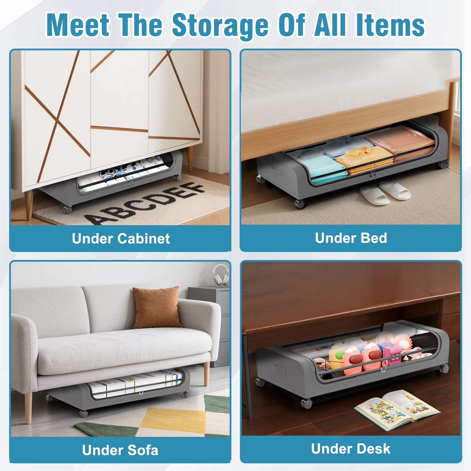 Under Bed Storage with Wheels, 2 Pack under Bed Storage Containers, under Bed Shoe Storage Organizer, Rolling under Bed Metal Drawer for Clothes, Gray