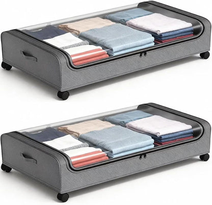 Under Bed Storage with Wheels, 2 Pack under Bed Storage Containers, under Bed Shoe Storage Organizer, Rolling under Bed Metal Drawer for Clothes, Gray