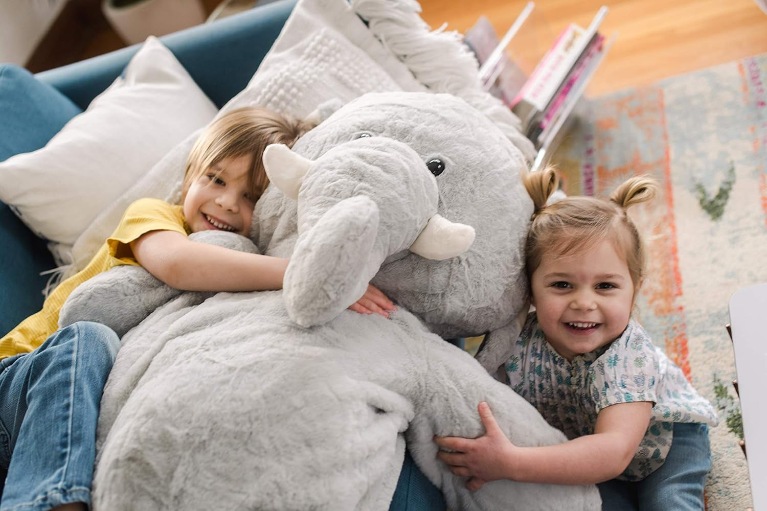 | Sqoosh2Poof Giant, Cuddly, Ultra Soft Plush Stuffed Animal with Bonus Interactive Surprise | 54“ Tall | Grey Elephant