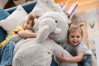 | Sqoosh2Poof Giant, Cuddly, Ultra Soft Plush Stuffed Animal with Bonus Interactive Surprise | 54“ Tall | Grey Elephant
