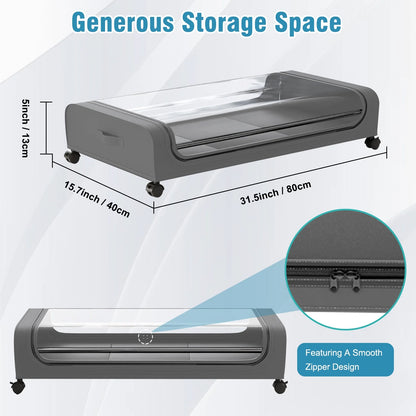 Under Bed Storage with Wheels, 2 Pack under Bed Storage Containers, under Bed Shoe Storage Organizer, Rolling under Bed Metal Drawer for Clothes, Gray