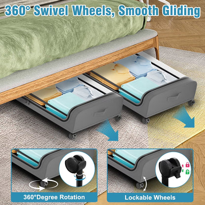 Under Bed Storage with Wheels, 2 Pack under Bed Storage Containers, under Bed Shoe Storage Organizer, Rolling under Bed Metal Drawer for Clothes, Gray