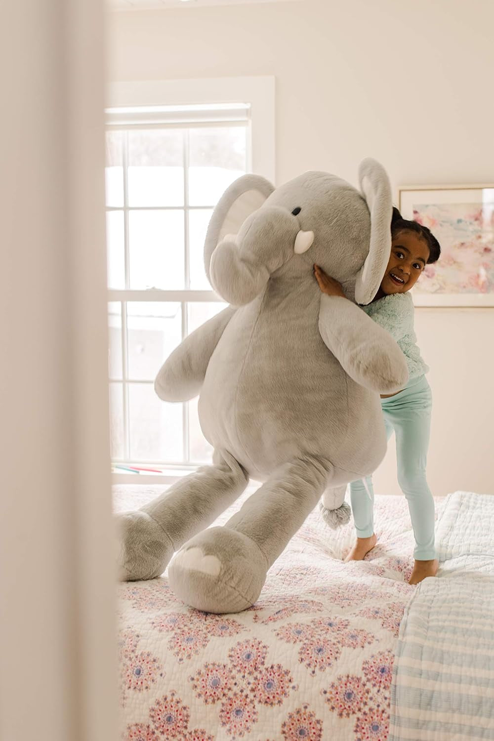 | Sqoosh2Poof Giant, Cuddly, Ultra Soft Plush Stuffed Animal with Bonus Interactive Surprise | 54“ Tall | Grey Elephant