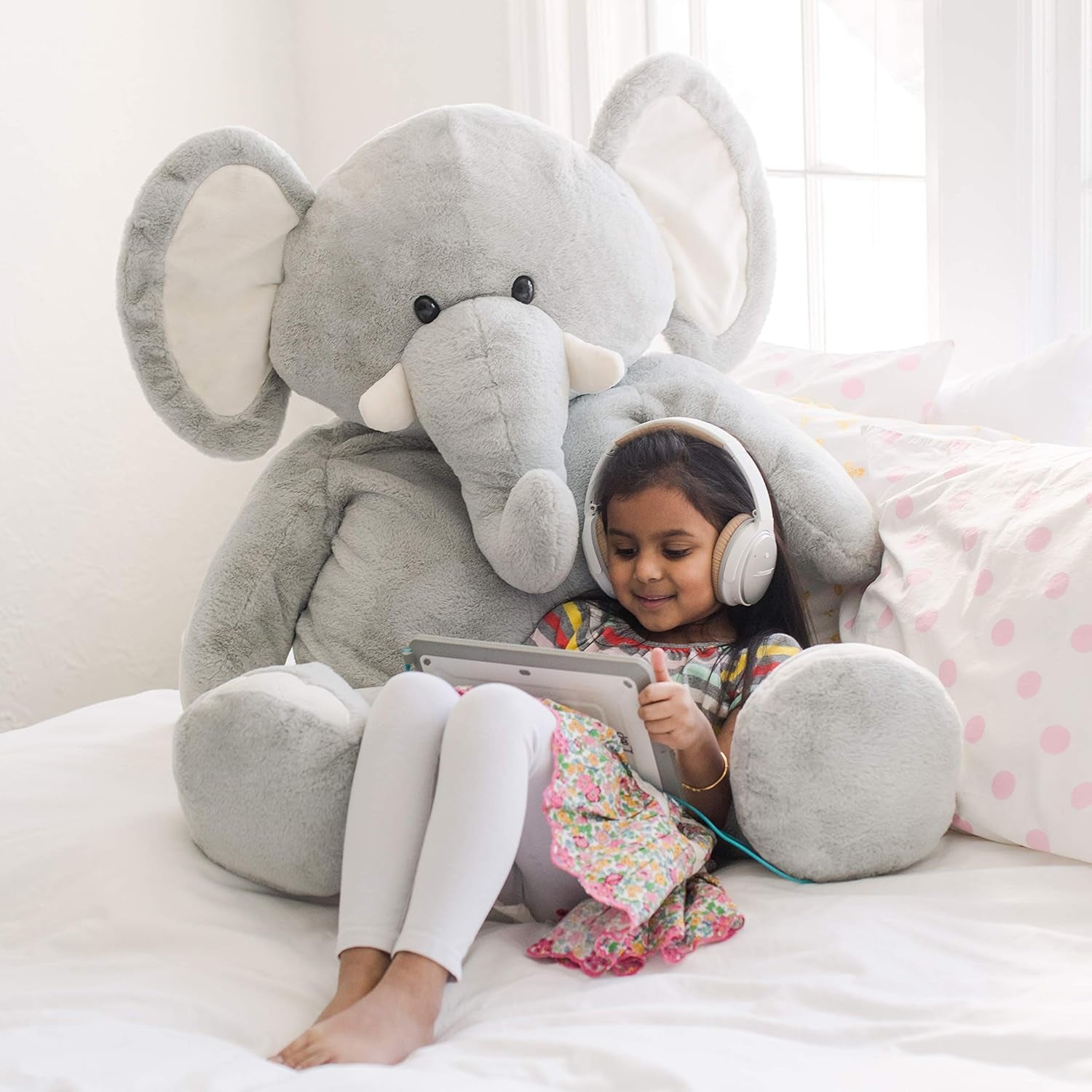 | Sqoosh2Poof Giant, Cuddly, Ultra Soft Plush Stuffed Animal with Bonus Interactive Surprise | 54“ Tall | Grey Elephant